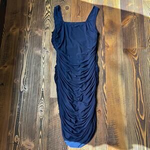 Venus Slinky Dress Square Neck Midi Knee Length Blue Women's Large